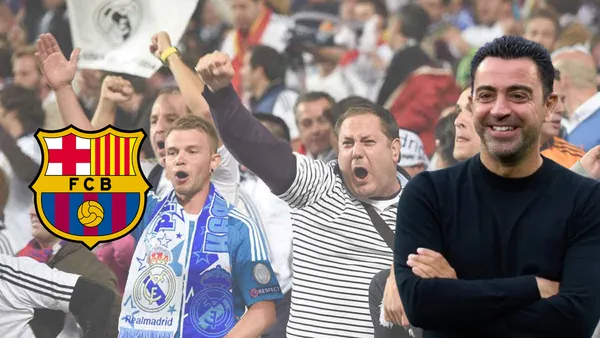 Afición del Madrid enfurecida. Xavi Hernández feliz y escudo del FC Barcelona.