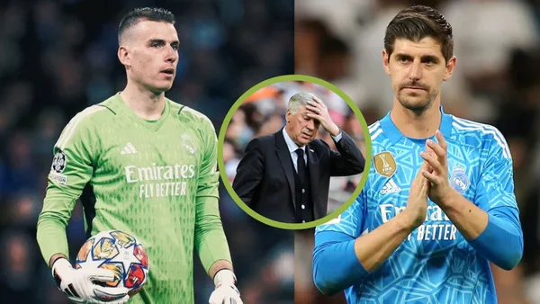 Ancelotti se agarra la cabeza. Lunin y Courtois con la camiseta del Real Madrid.
