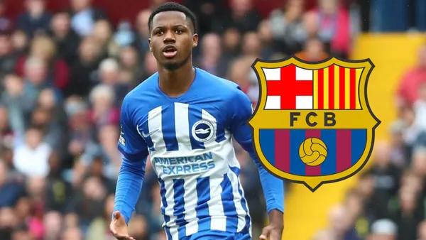 Ansu Fati con la camiseta de Brighton y el escudo del Barcelona.