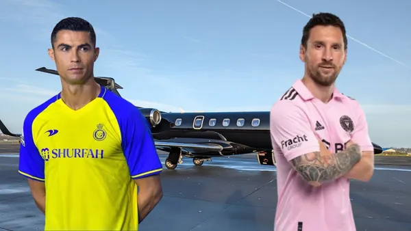 Avión privado de fondo. Cristiano Ronaldo con la camiseta del Al-Nasrr y Lionel Messi con la de Inter Miami
