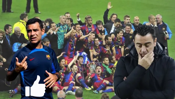 Barcelona campeón de la CHampions. Rafa Márquez dando una indicación con pulgar arriba y Xavi Hernández serio.