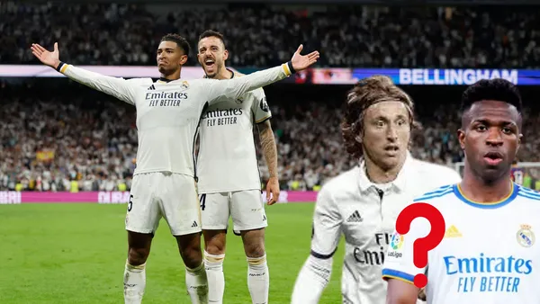 Bellingham festejando un gol ante Barça en Bernabéu. Modric y Vini con camisetas del Madrid y signo de pregunta abajo.