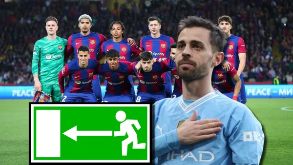 Bernardo Silva del Manchester City y jugadores del FC Barcelona