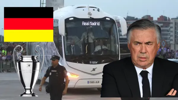 Bus del Real Madrid, Ancelotti preocupado. Trofeo de Champions League y bandera alemana.