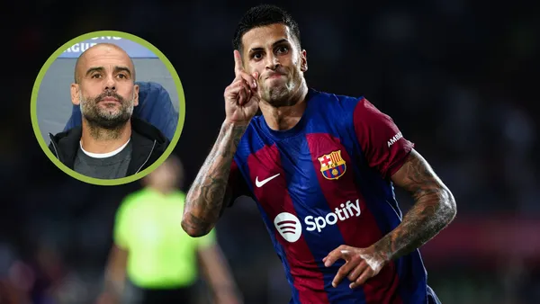 Cancelo con la camiseta del FC Barcelona y Guardiola en el banquillo del City.