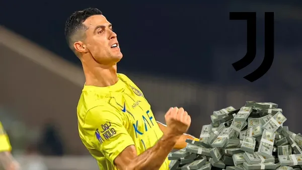 Cristiano Ronaldo festejando. Escudo de Juventus y fajo de dinero.