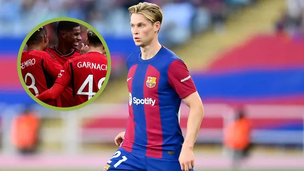 De Jong con la camiseta del FC Barcelona y el Manchester United celebrando un gol.