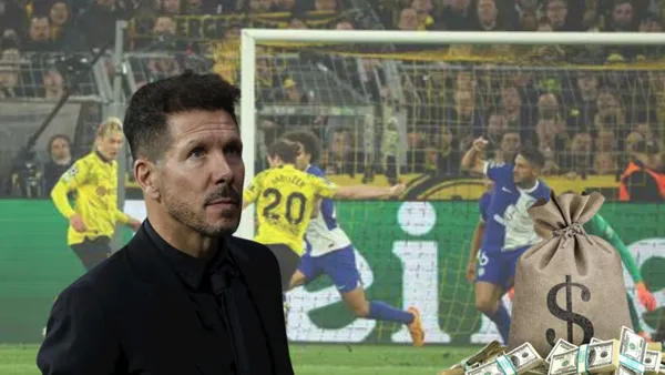 Diego Simeone serio. De fondo, partido Atlético Madrid-Borussia Dortmund y un bolsón de dinero.
