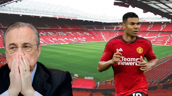 Florentino Pérez lamentándose, Casemiro con la camiseta del Manchester United, de fondo Old Trafford.