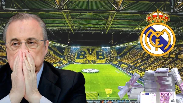 Florentino Pérez lamentándose. Escudo del Real Madrid y muchos euros en efectivo. De fondo, el Signal Iduna Park