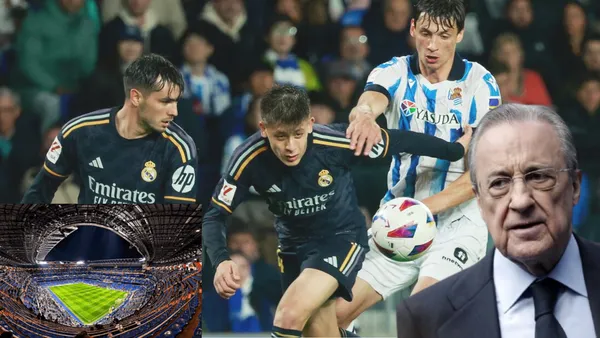 Foto del partido entre Real Madrid y Real Sociedad. Imagen del Santiago Bernabéu a la izquierda y Florentino Pérez a la derecha.