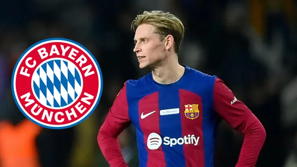 Frenkie De Jong con la camiseta del FC Barcelona, a su lado el escudo del Bayern Múnich.