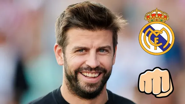 Gerard Piqué sonriendo. Escudo del Real Madrid y puño apretado.