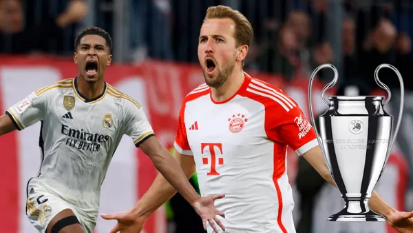 Harry Kane celebrando, imagen de Jude Bellingham gritando y trofeo de Champions League.