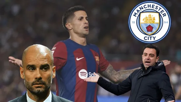Joao Cancelo lamentándose. Escudo de Manchester City, Xavi Hernández y Pep Guardiola
