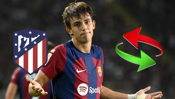 Joao Félix con la camiseta del FC Barcelona, a su derecha el escudo del Atlético de Madrid y a su izquierda flechas de intercambio.