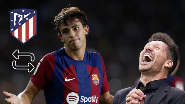 Joao Félix en FC Barcelona. Escudo de Atleti y señal de intercambio, Diego Simeone riendo.