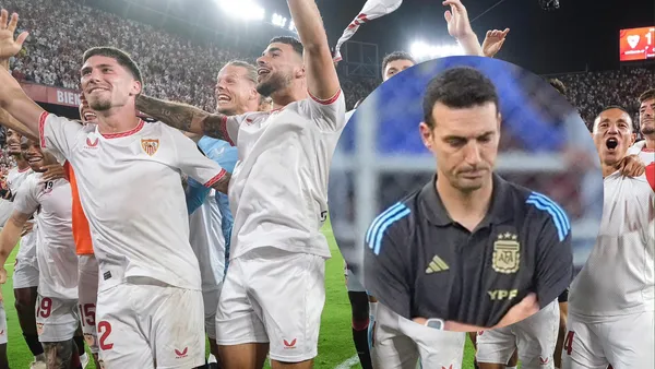 Jugadores de Sevilla y Lionel Scaloni. Foto: redes de AFA y Sevilla.