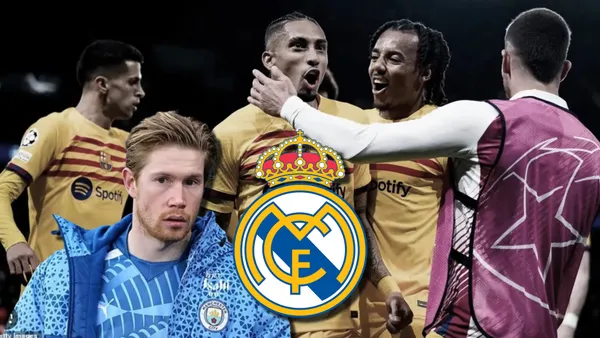 Kevin De Bruyne y los jugadores del FC Barcelona celebrando el gol al PSG