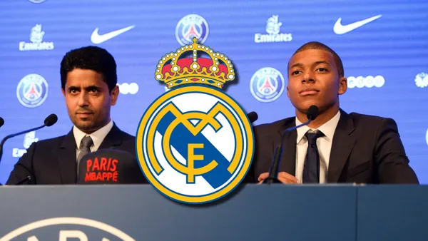 Kylian Mbappé y Nasser Al-Khelaifi en rueda de prensa en el PSG