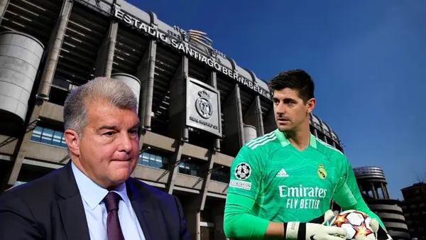 Laporta serio, Courtois lo mira, Bernabéu