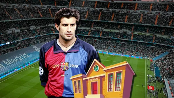 Luis Figo con la camiseta del FC Barcelona en el Santiago Bernabéu