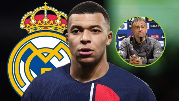 Mbappé con la camiseta del PSG y de fondo el escudo del Real Madrid, mientras Luis Enrique está en rueda de prensa.