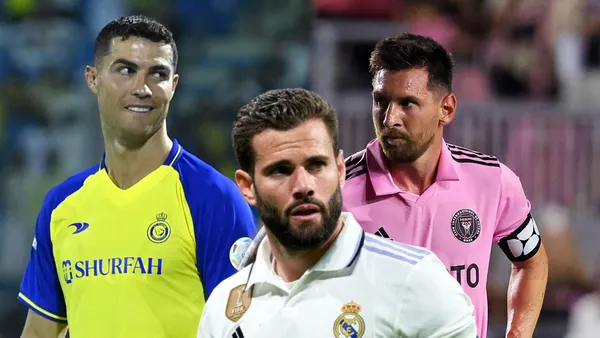 Nacho adelante, Messi y Cristiano Ronaldo en sus equipos detrás.