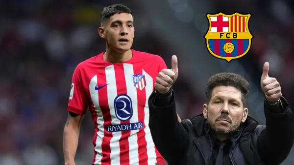 Nahuel Molina en Atleti, Diego Simeone con pulgares arriba y escudo del FC Barcelona