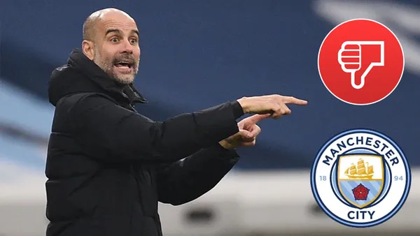 Pep Guardiola dando indicaciones, al lado un pulgar abajo y el escudo de Manchester City