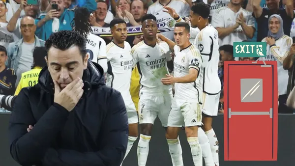 Real Madrid festejando en derbi. Xavi Hernández preocupado, puerta salida.