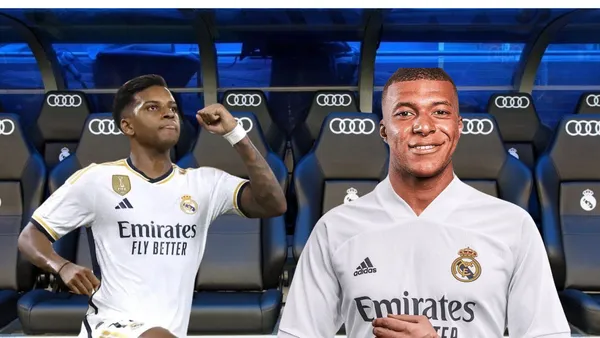 Rodrygo celebra, Mbappé riendo