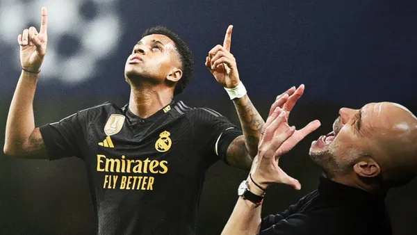 Rodrygo Goes, jugador del Real Madrid y Pep Guardiola, entrenador de Manchester City