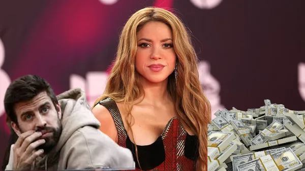Shakira sonriendo. Gerard Piqué preocupado. Montón de dinero.
