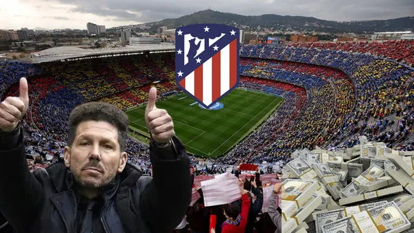 Simeone con pulgares para arriba, escudo de Atlético Madrid. De fondo un fajo de dinero y el Camp Nou.