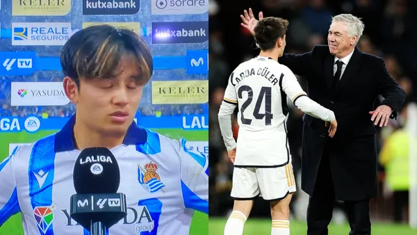 Take Kubo, jugador del Real Madrid, y Arda Guler con Carlo Ancelotti