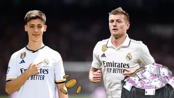 Toni Kroos y una maleta llena de dinero. Arda Guler con la camiseta del Real Madrid y unas monedas debajo.