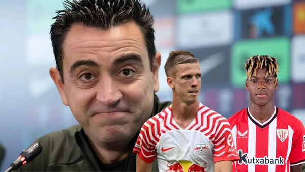 Xavi de fondo, Nico Williams y Dani Olmo adelante.