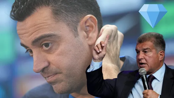 Xavi Hernández con cara de preocupación. Laporta hablando con una imagen de una joya.