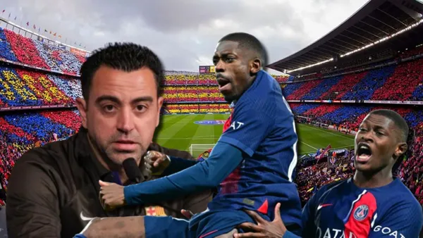 Xavi Hernández, entrenador del FC Barcelona, con Ousmane Dembelé del PSG