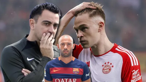 Xavi Hernández, entrenador del FC Barcelona, Javier Mascherano y Joshua Kimmich