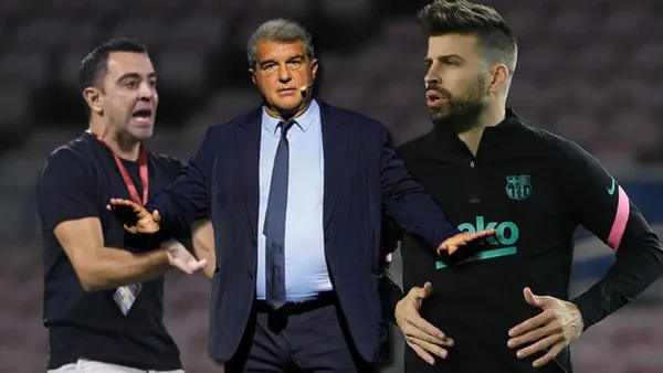 Xavi Hernández, Gerard Piqué y Joan Laporta del FC Barcelona