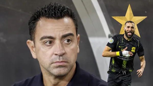 Xavi Hernández mirando preocupado. Estrella de fondo, Karim Benzema en Arabia Saudí.