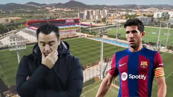 Xavi Hernández y Sergi Roberto preocupados. De fondo, la Ciutat Esportiva