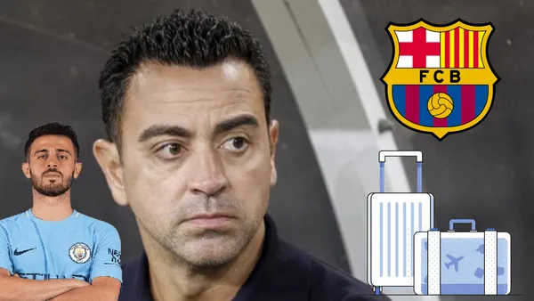 Xavi preocupado. Bernardo Silva de un lado, escudo de FC Barcelona y maletas del otro.