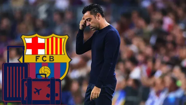 Xavi se lamenta, el escudo del Barça y la maleta en señal de partida.