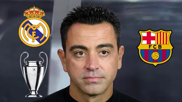 Xavi serio mirando al escudo del FC Barcelona. Escudo del Real Madrid y debajo la Champions League.