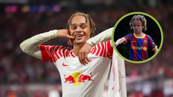 Xavi Simons con la camiseta del Leipzig y de niño cuando jugaba en La Masía del Barcelona.