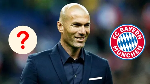 Zinedine Zidane sonriendo, escudo del Bayern Múnich a un lado y signo de interrogación en el otro.
