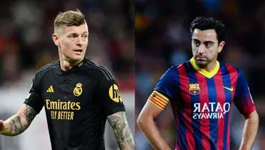 A la izquierda, Kroos con la camiseta del Real Madrid, a la derecha Xavi con la del Barça